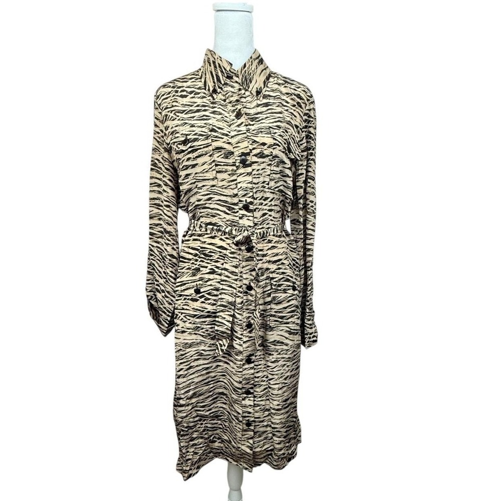 Ellen Tracy Silk Shirt Dress Womens 6 Brown Animal Print Belted Button Front